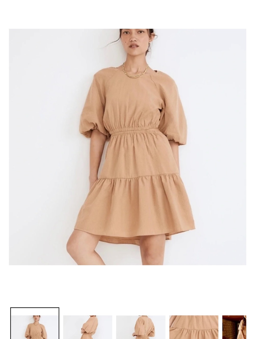 Madewell Beige Puff-Sleeve Tiered Mini Dress